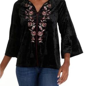 Cupio Black Velvet Embroidered Boho Peasant Top XL Tassel Floral